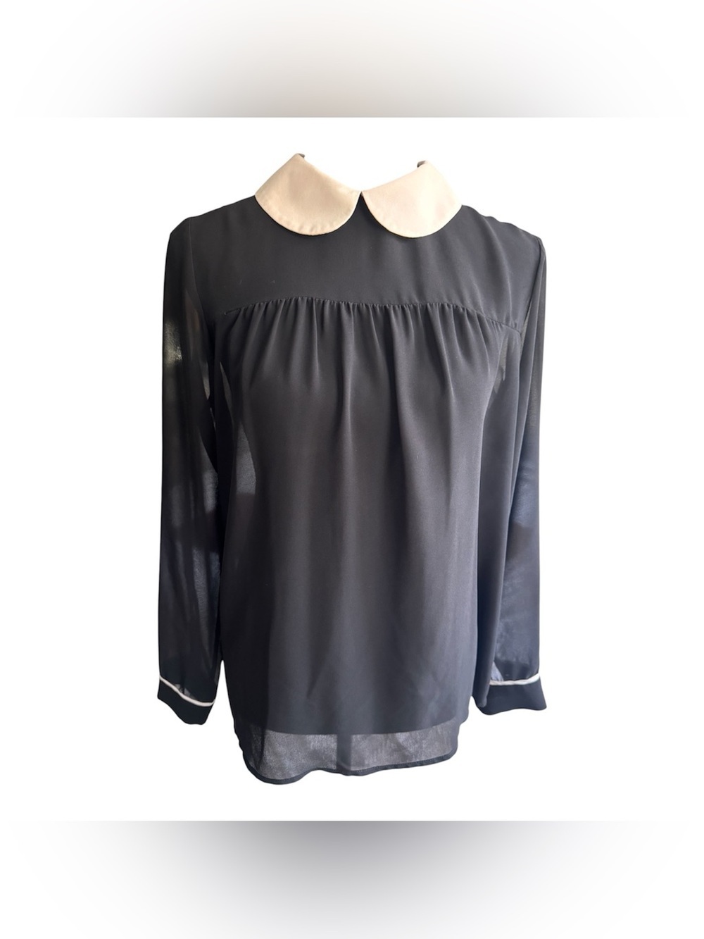 Zara sheer Black Blouse with Cream Peter Pan Collar, Size M